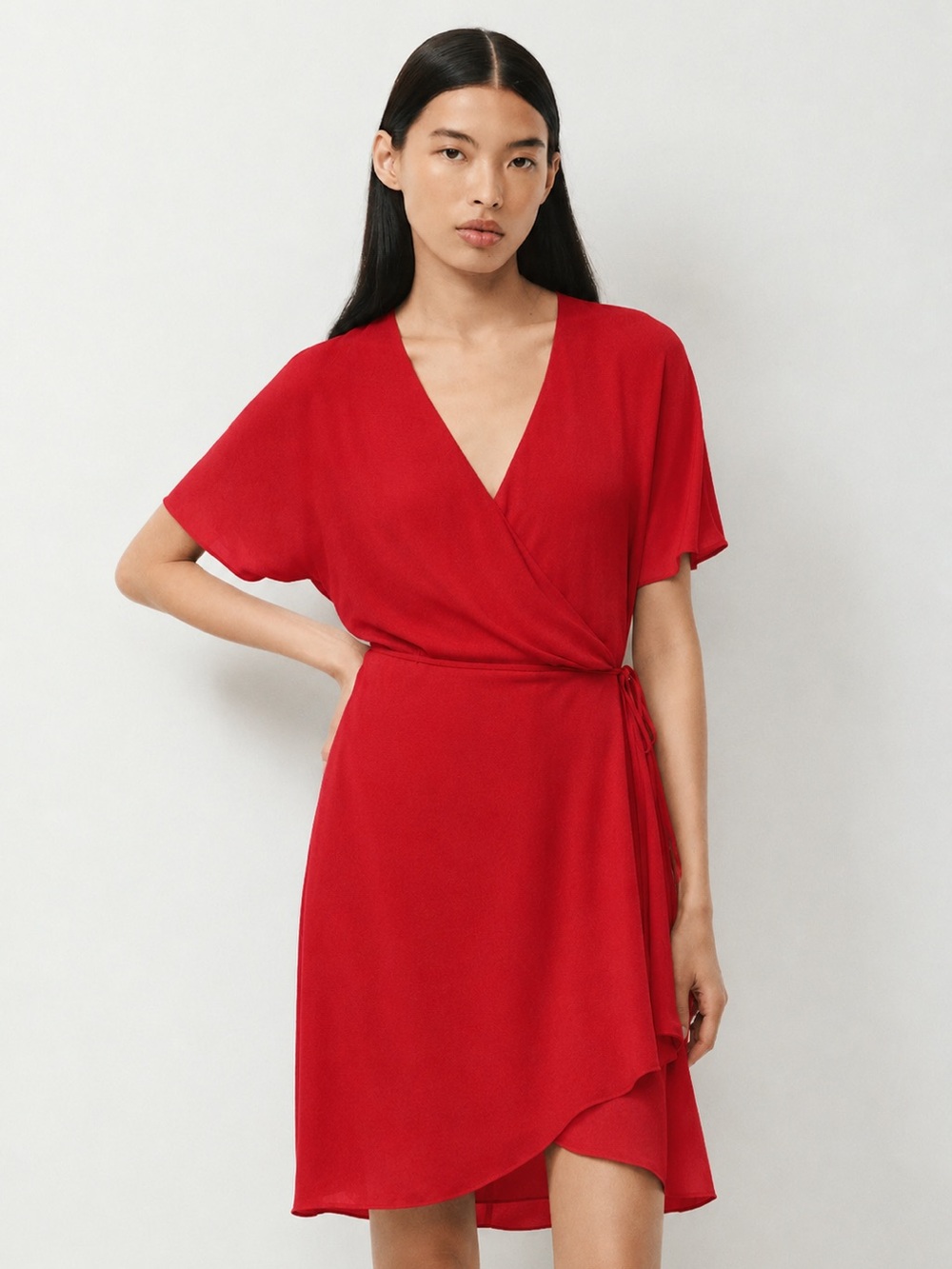 Babaton Wallace Red Wrap V-Neck Short Sleeve Dress - s